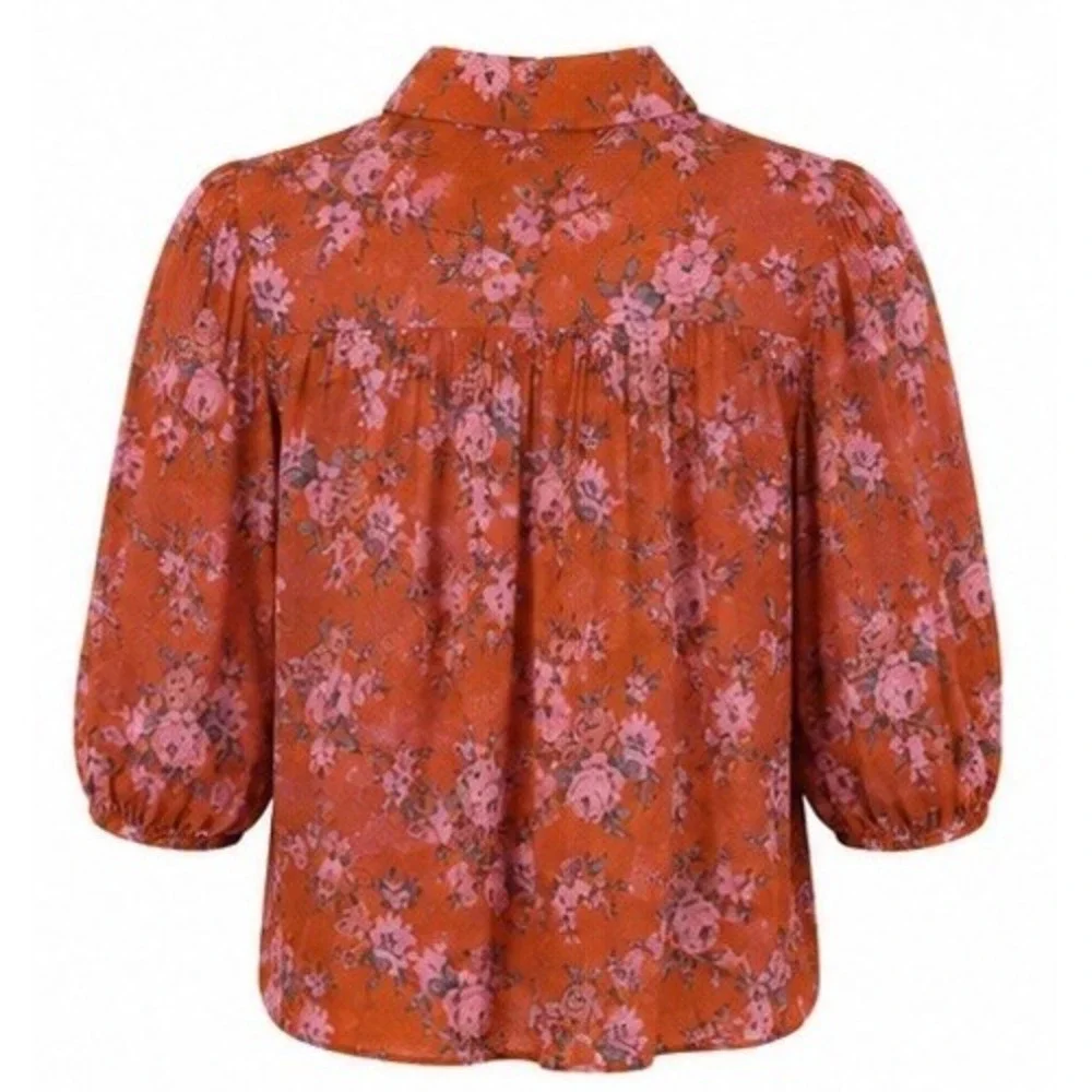 Free People Celia Floral Tie Front Button Blouse Burnt Orange Pink XS NWT